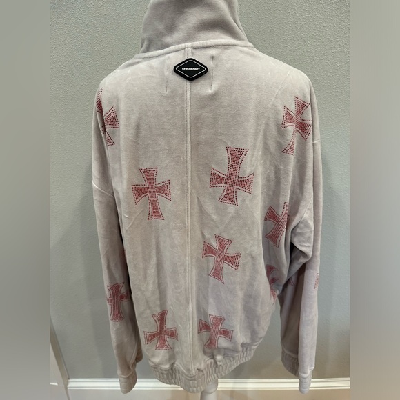 Unknown London grey velour zip up jacket with Rhinestone crosses - Picture 2 of 7